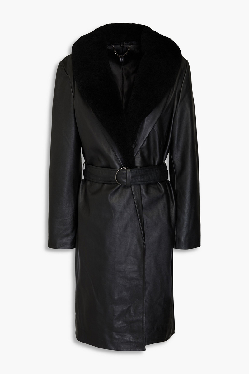 muubaa - belted shearling-trimmed leather coat - black - uk 14