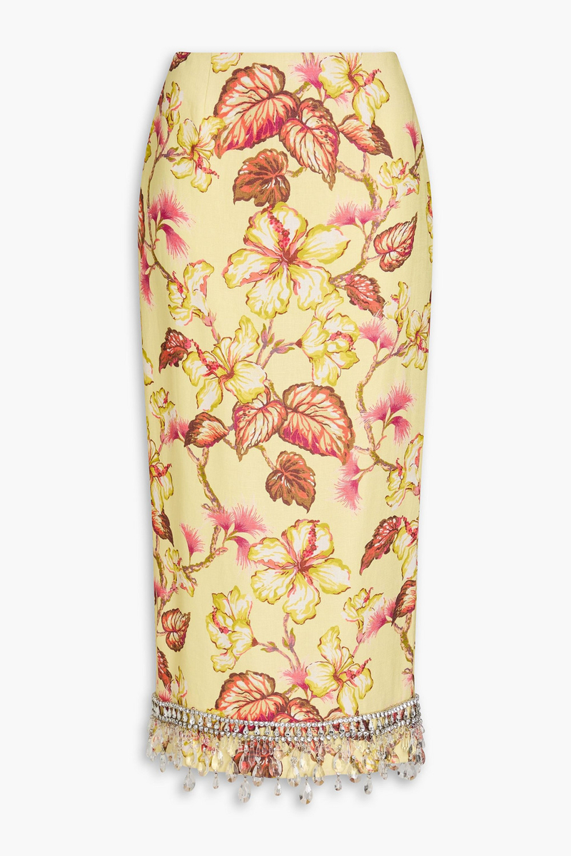 zimmermann - embellished floral-print linen midi pencil skirt - yellow - 00