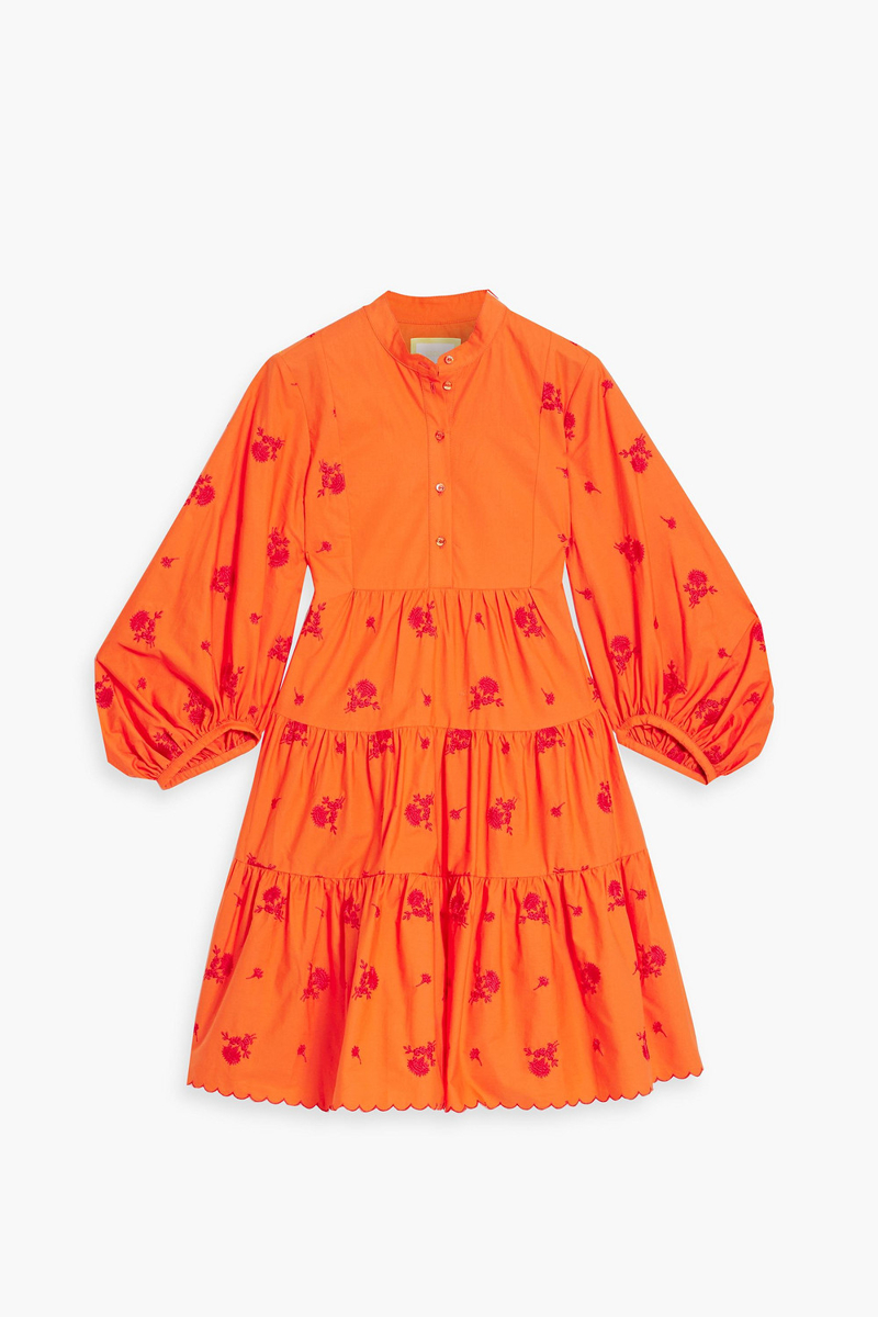 erdem - tiered embroidered cotton-poplin mini shirt dress - orange - uk 6