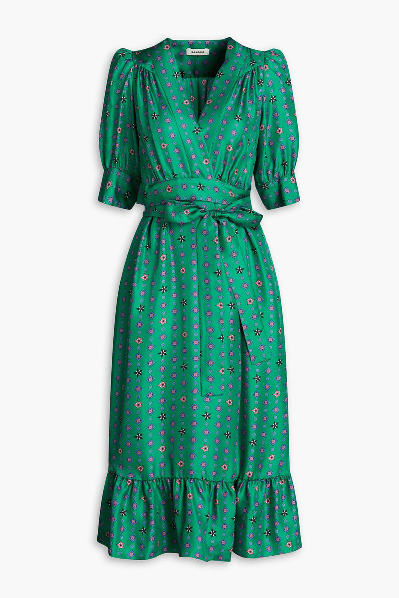sandro - printed silk-twill midi wrap dress - green - fr 36