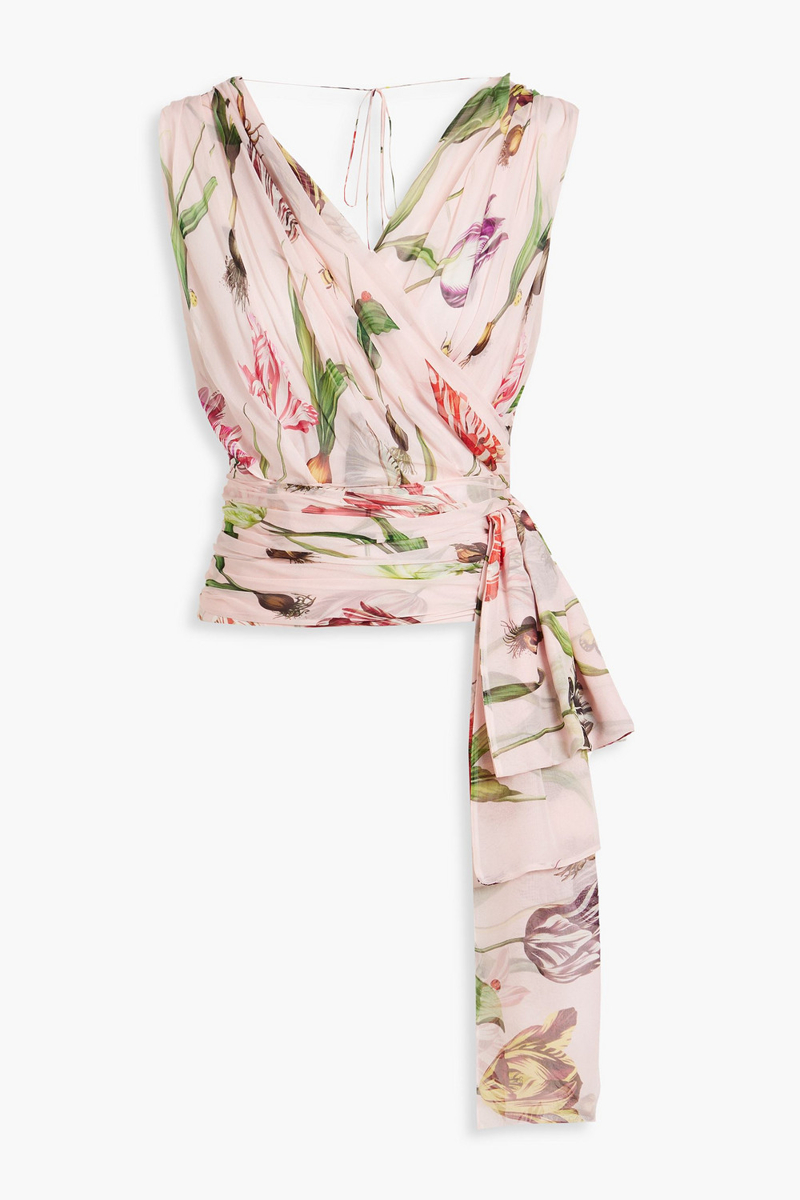 Oscar de la Renta - Wrap-effect draped floral-print silk-chiffon top - Pink - US 12