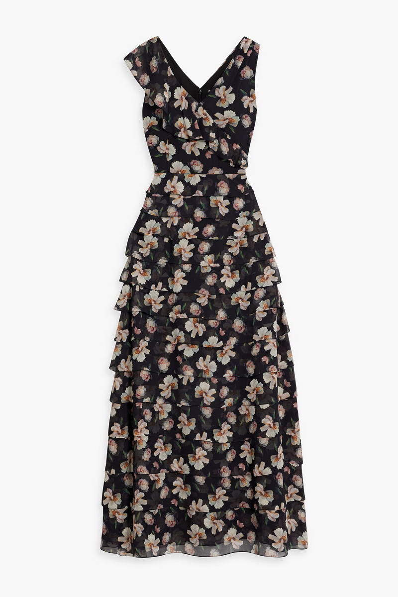 mikael aghal - tiered ruffled floral-print chiffon gown - black - us 2