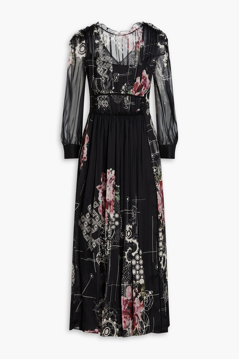 Alberta Ferretti - Ruffled printed silk-chiffon midi dress - Black - IT 36