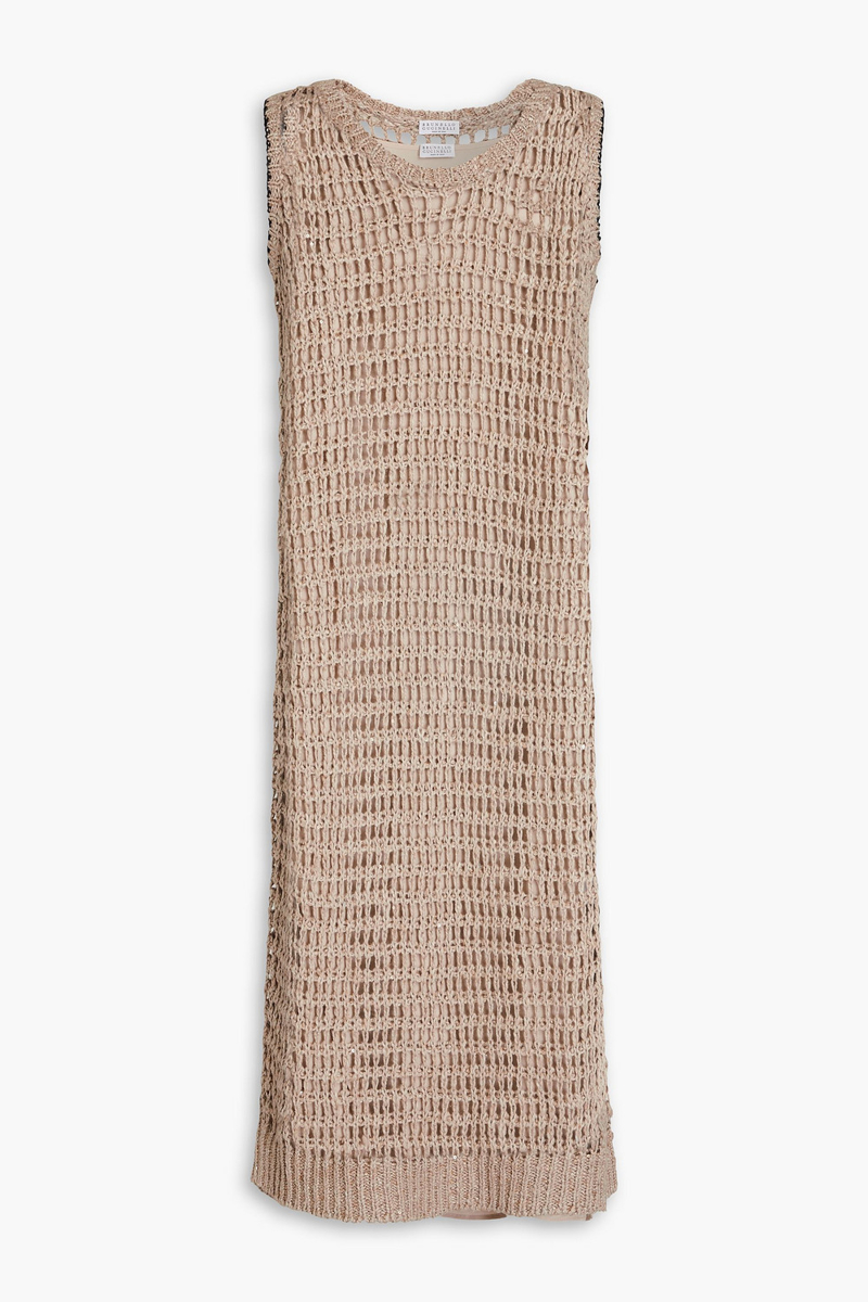 Brunello Cucinelli - Sequin-embellished open-knit linen and silk-blend dress - Neutral - M