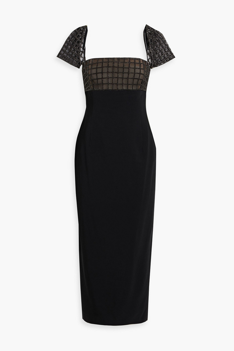 oscar de la renta - crystal-embellished tulle-paneled crepe midi dress - black - us 4