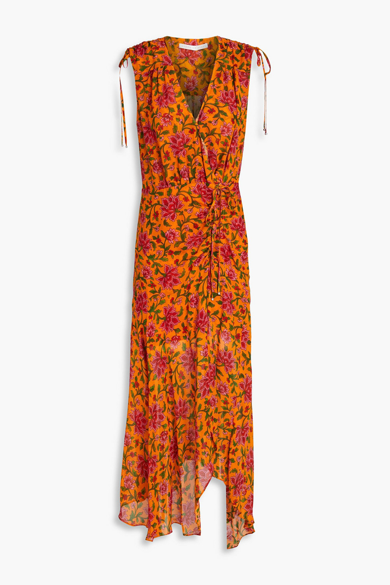 veronica beard - dovima ruched wrap-effect floral-print silk-chiffon maxi dress - orange - us 8