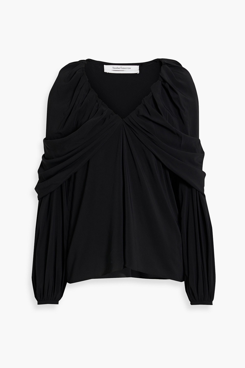 Another Tomorrow - Cape-effect ruched crepe top - Black - IT 36