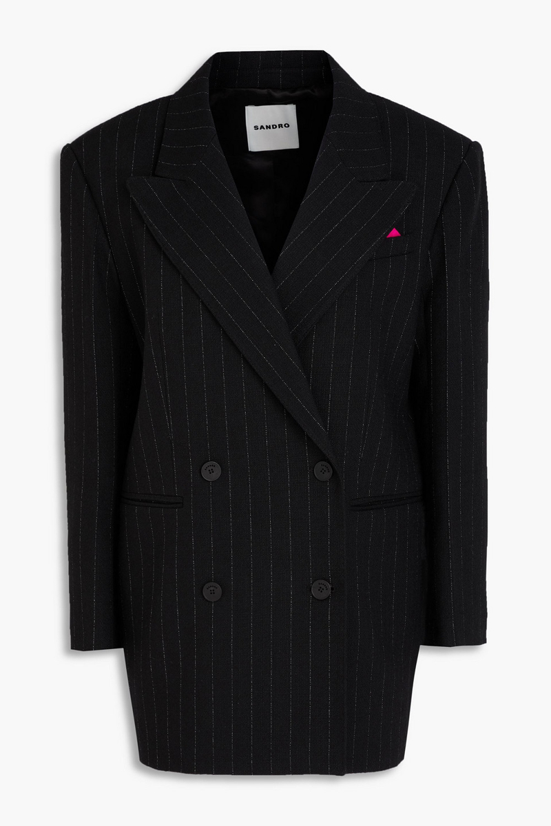 sandro - double-breasted pinstriped tweed blazer - black - fr 34