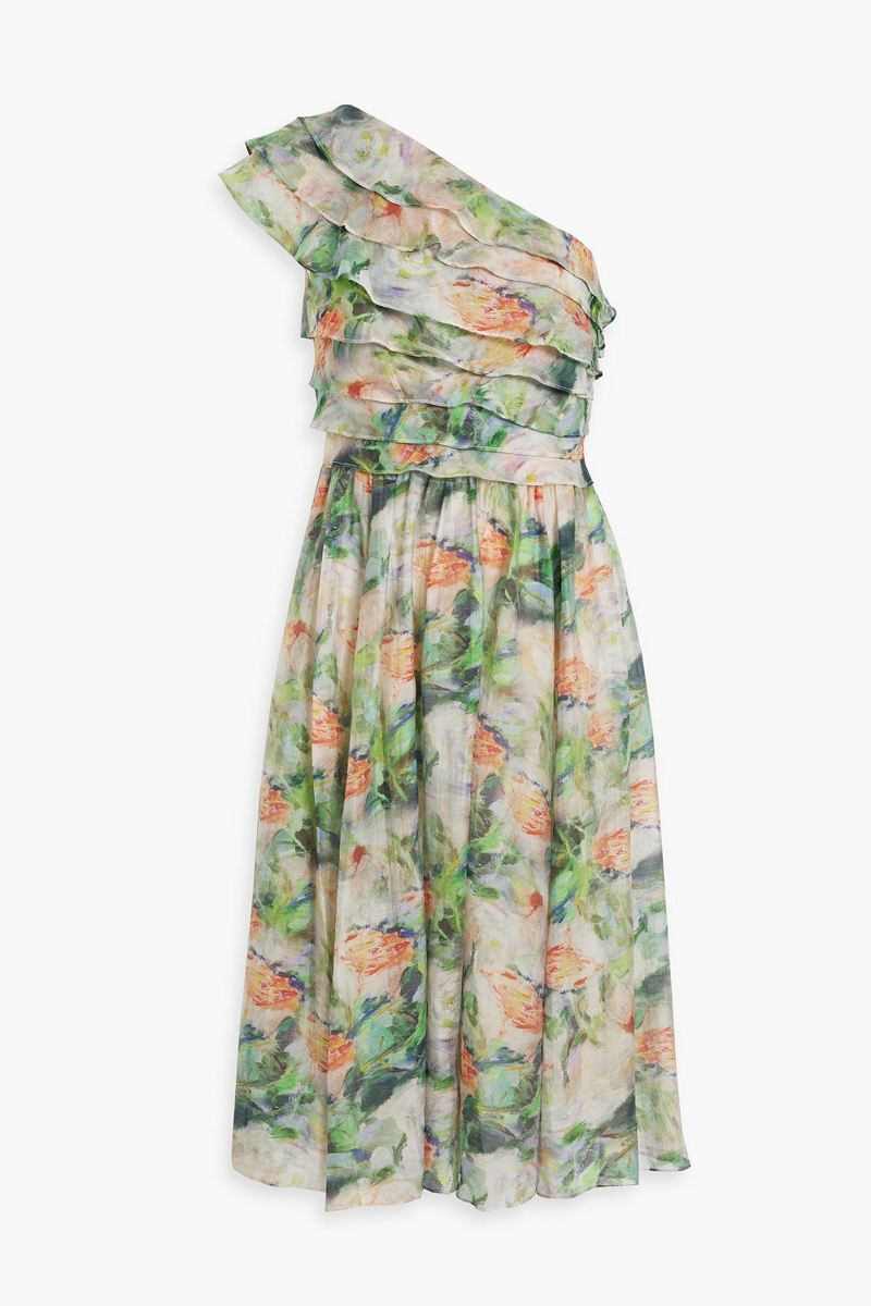 Mikael Aghal - One-shoulder ruffled printed gauze dress - Green - US 2