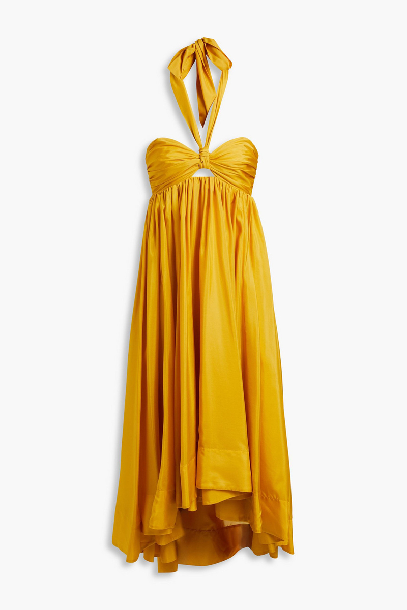 zimmermann - asymmetric gathered silk-voile halterneck midi dress - yellow - 00
