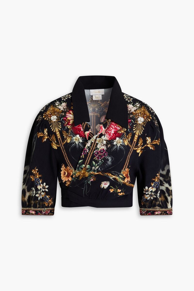 Camilla - Cropped crystal-embellished floral-print stretch-jersey wrap top - Black - XXL