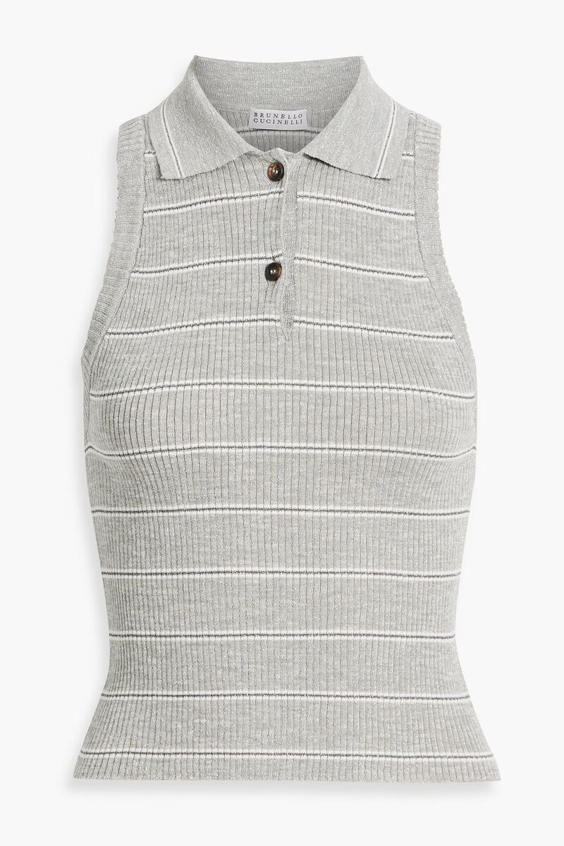 Brunello Cucinelli - Metallic striped ribbed-knit top - Gray - L