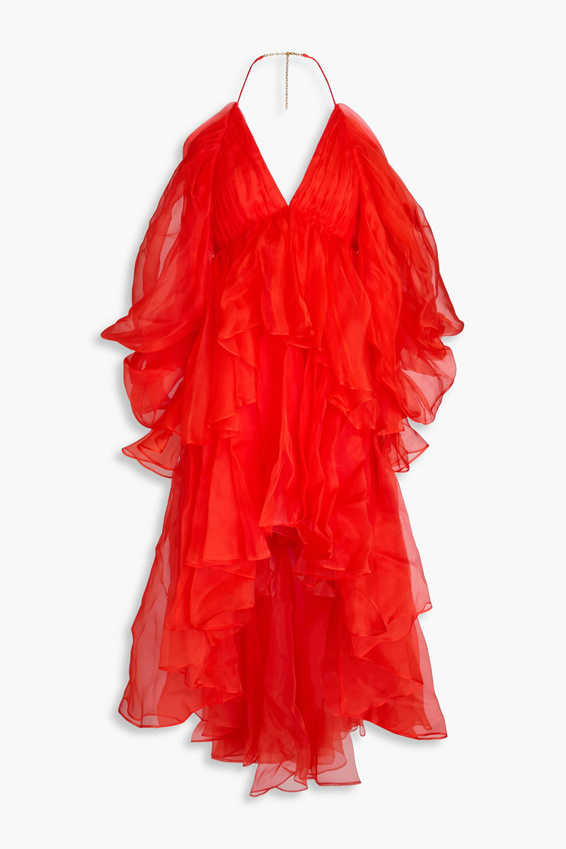 zimmermann - cold-shoulder ruffled silk-organza halterneck dress - red - 00