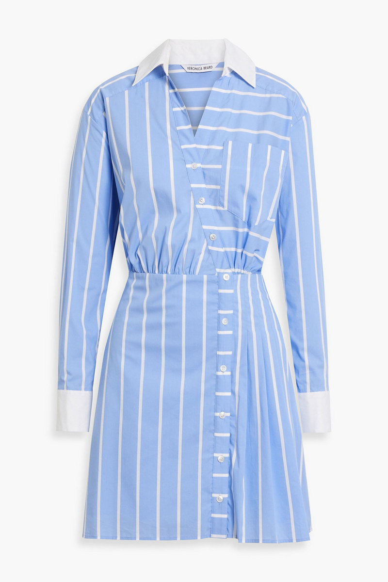 veronica beard - poppe wrap-effect striped cotton-blend poplin mini shirt dress - blue - us 00