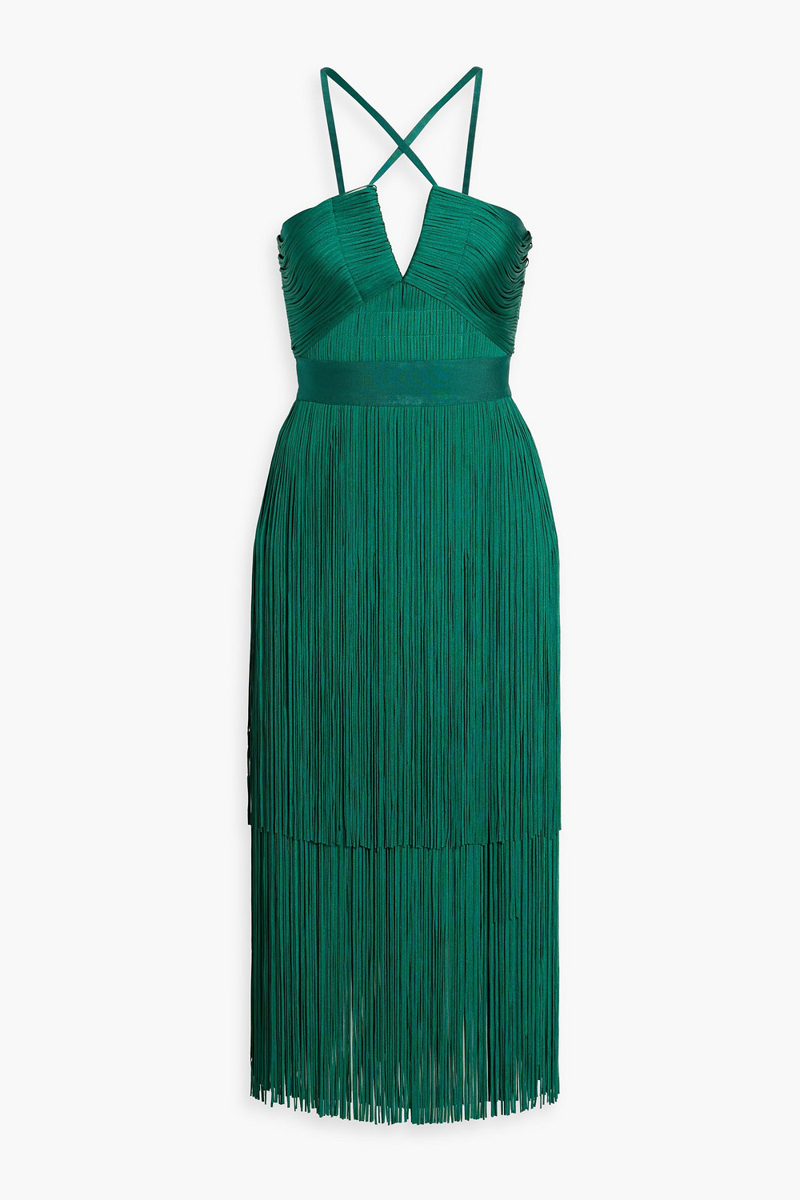 hervé léger - natalia fringed bandage midi dress - green - xxs