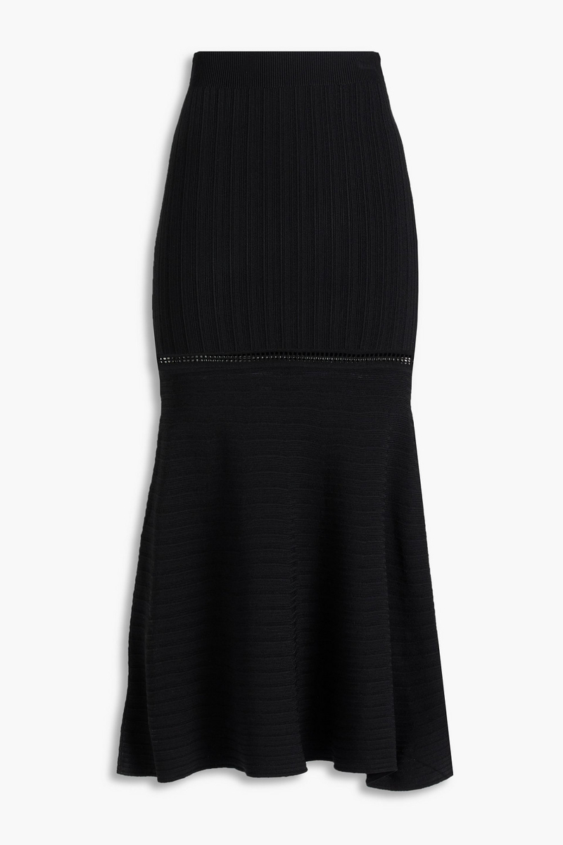 victoria beckham - flared ribbed-knit midi skirt - black - xs