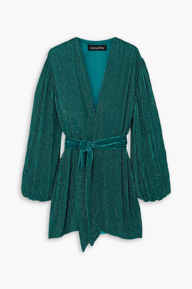 retrofête - gabrielle velvet-trimmed sequined chiffon mini wrap dress - green - m