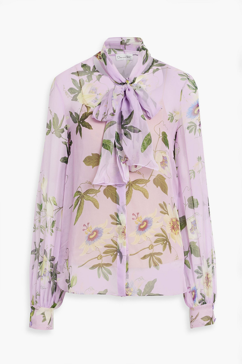 Oscar de la Renta - Pussy-bow floral-print silk-chiffon blouse - Purple - US 0