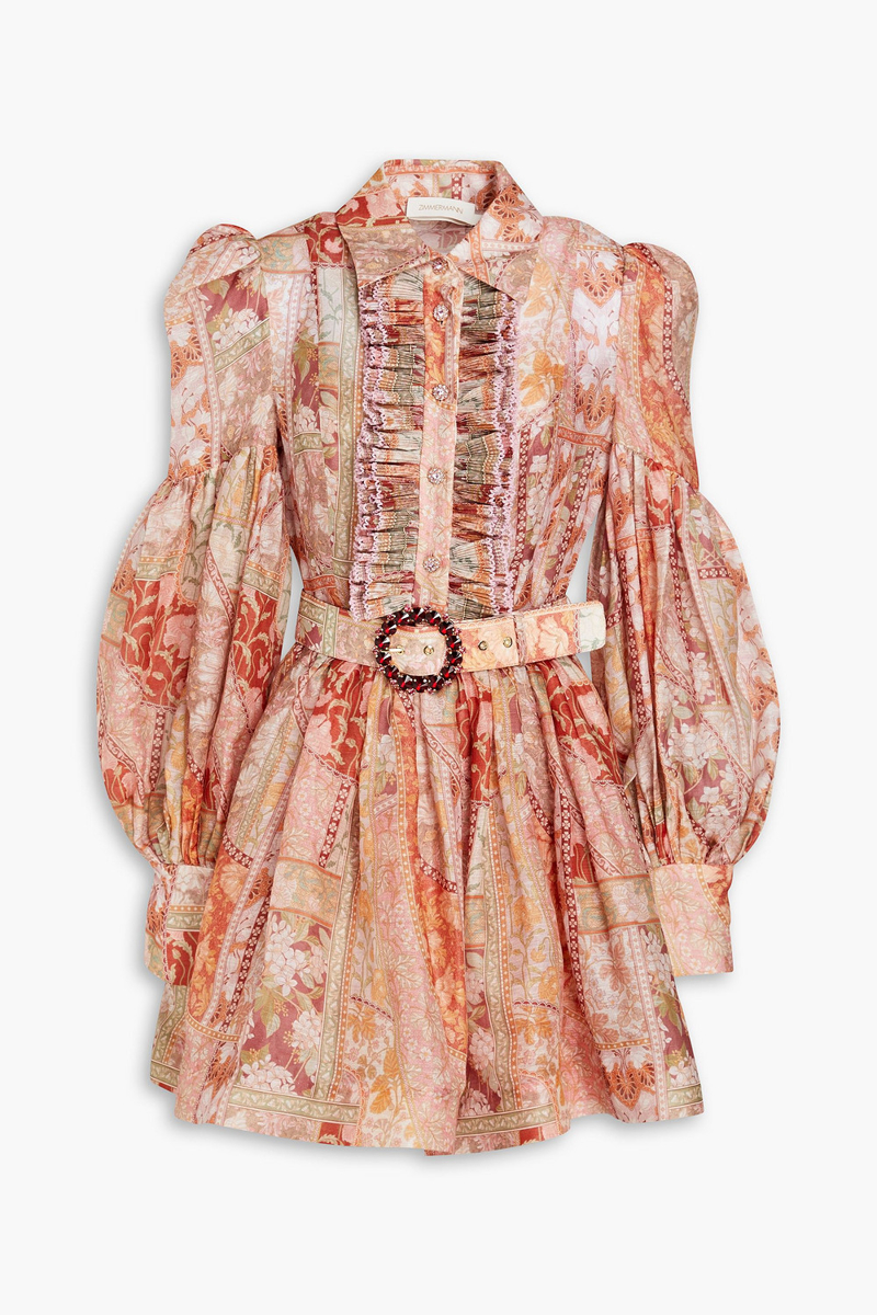 Zimmermann - Belted floral-print linen and silk-blend mini shirt dress - Orange - 00