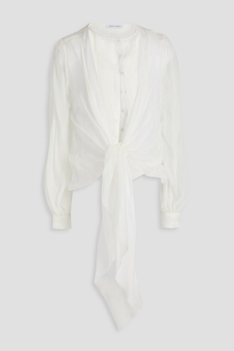 alberta ferretti - tie-front layered silk-voile and corded lace blouse - white - it 40