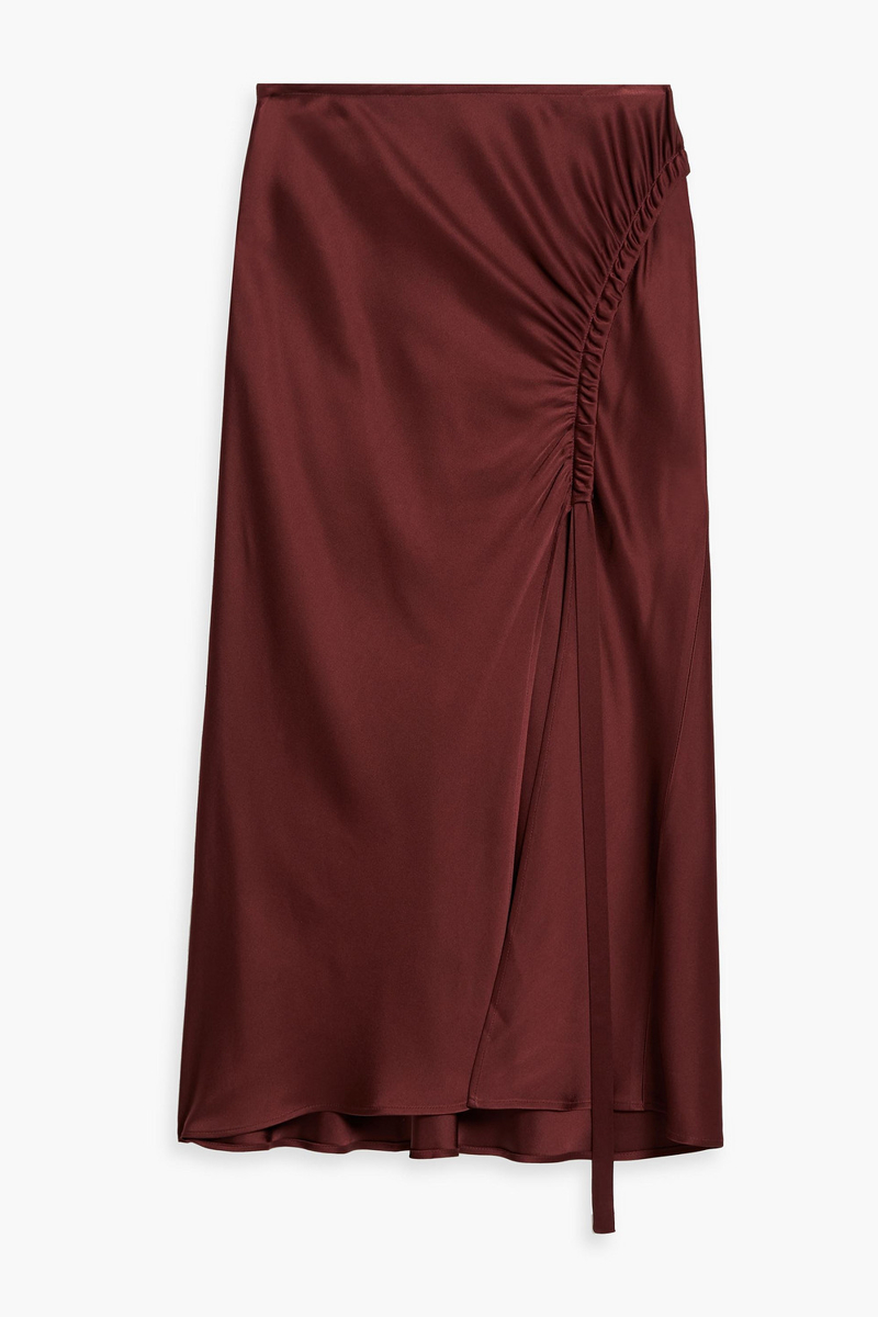 Lapointe - Ruched satin-crepe midi skirt - Burgundy - US 10