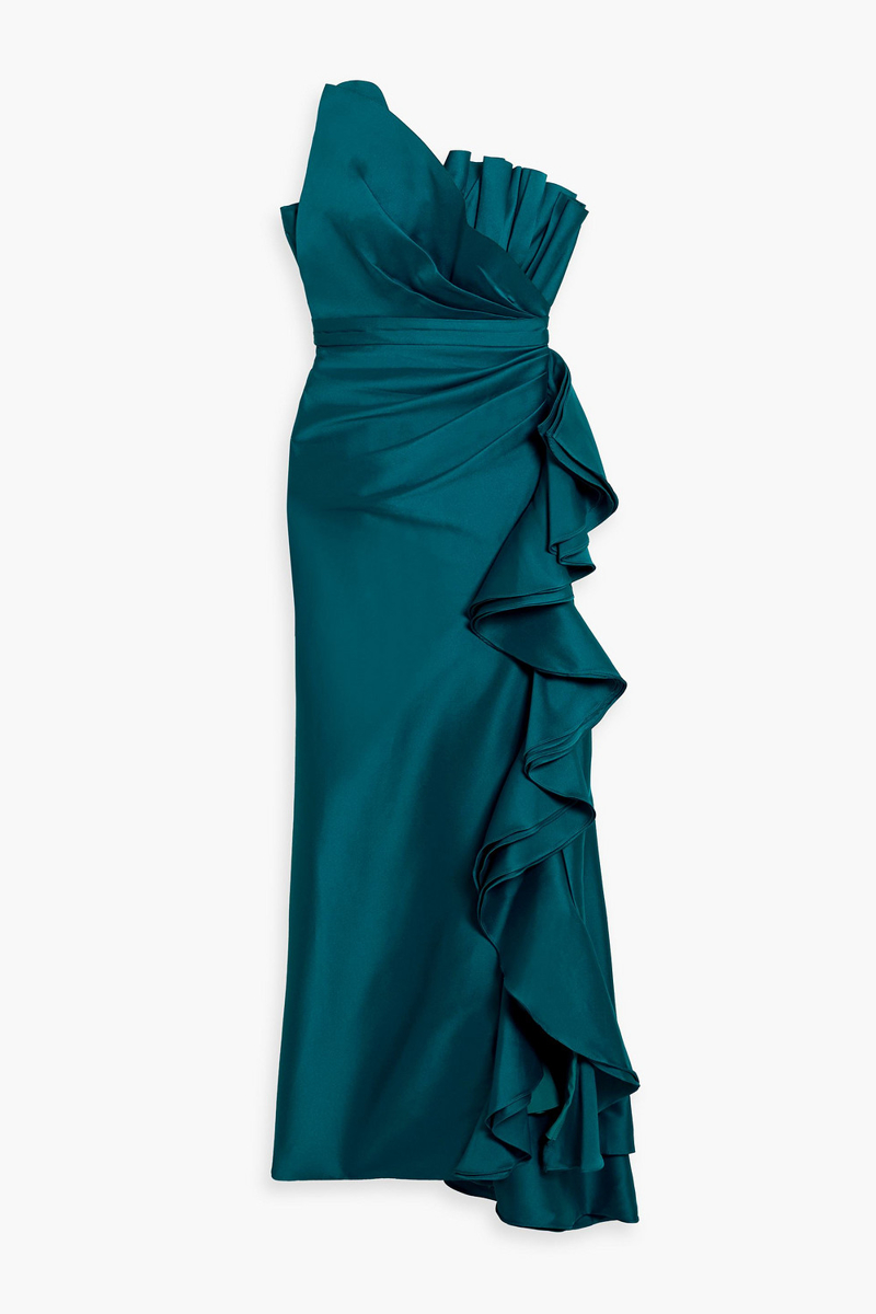 badgley mischka - strapless ruffled satin-twill gown - blue - us 2