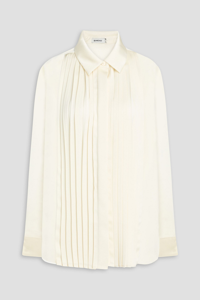 simkhai - vinka pleated satin-paneled georgette shirt - white - m