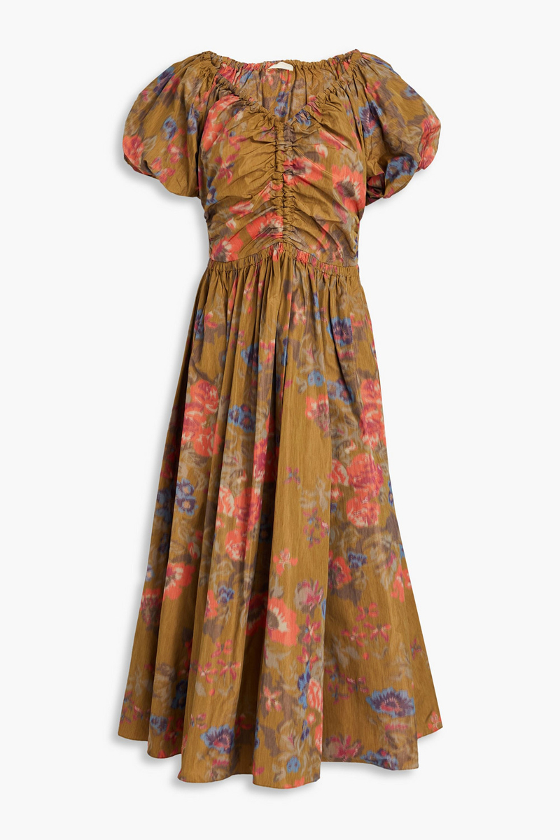 Ulla Johnson - Cecile ruched floral-print taffeta midi dress - Brown - US 00