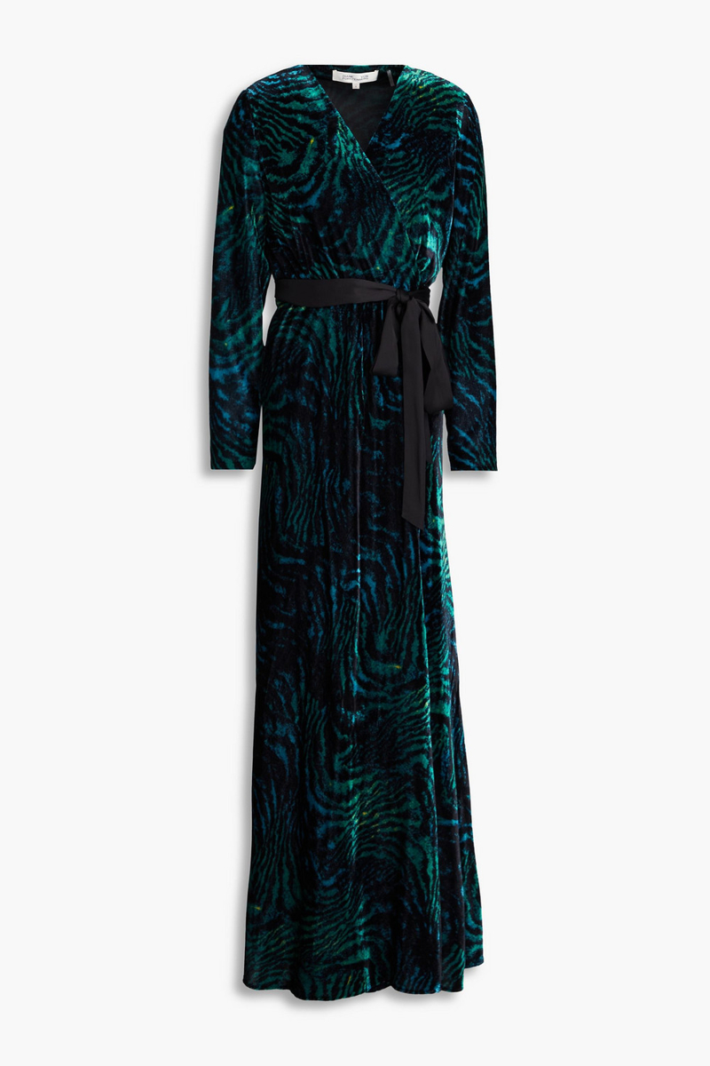 diane von furstenberg - jareth tiger-print velvet maxi wrap dress - black - us 0