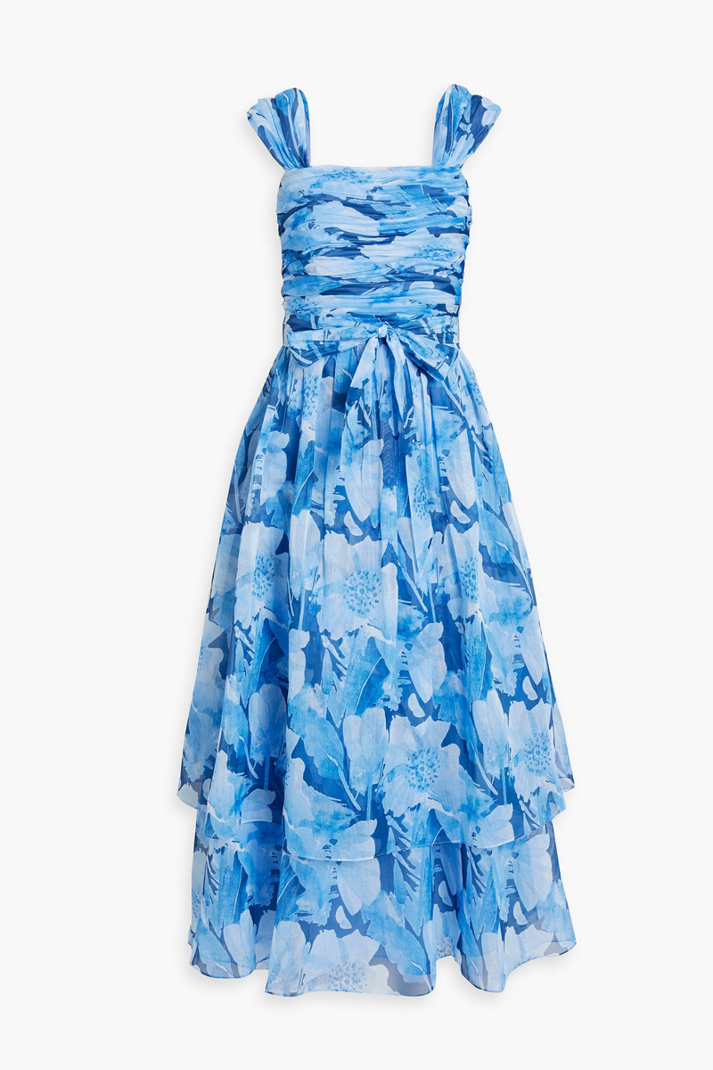 Mikael Aghal - Ruched tiered floral-print organza midi dress - Blue - US 10