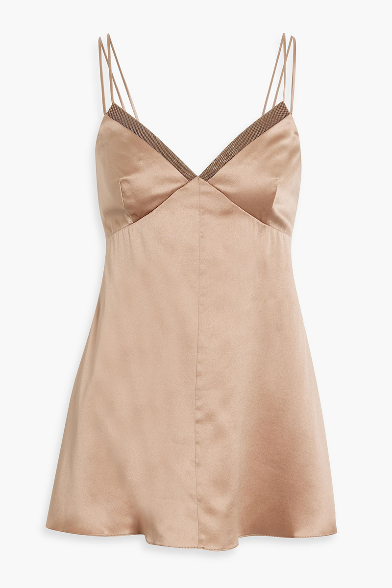 Brunello Cucinelli - Bead-embellished silk-blend satin camisole - Neutral - M