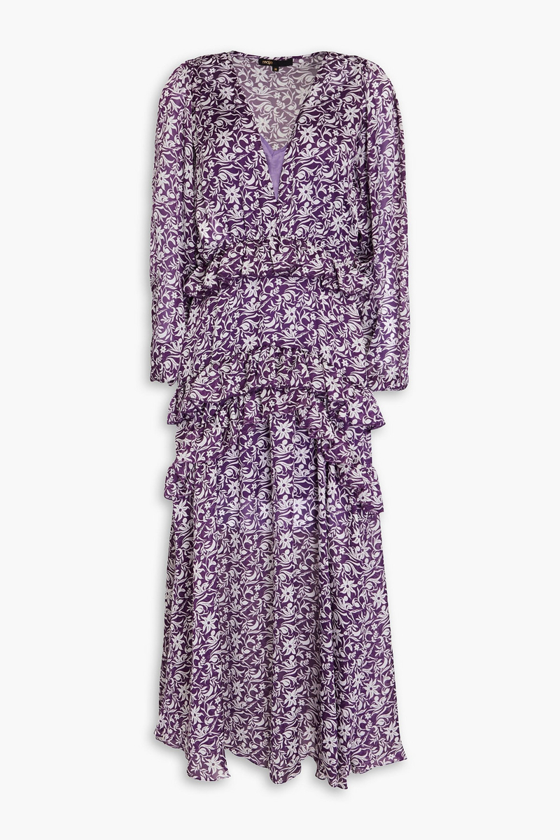 Maje - Ruffled floral-print chiffon midi dress - Purple - FR 38