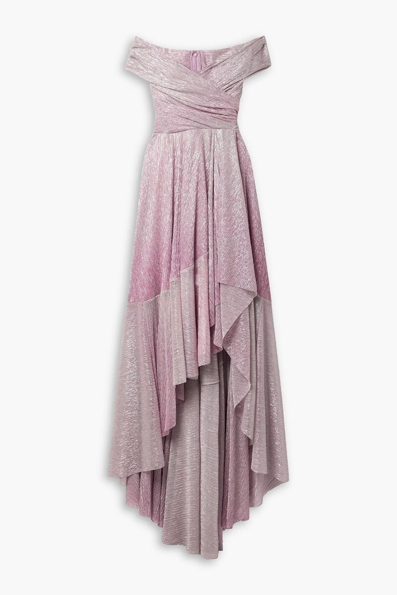 Talbot Runhof - Off-the-shoulder asymmetric metallic voile gown - Purple - US 14