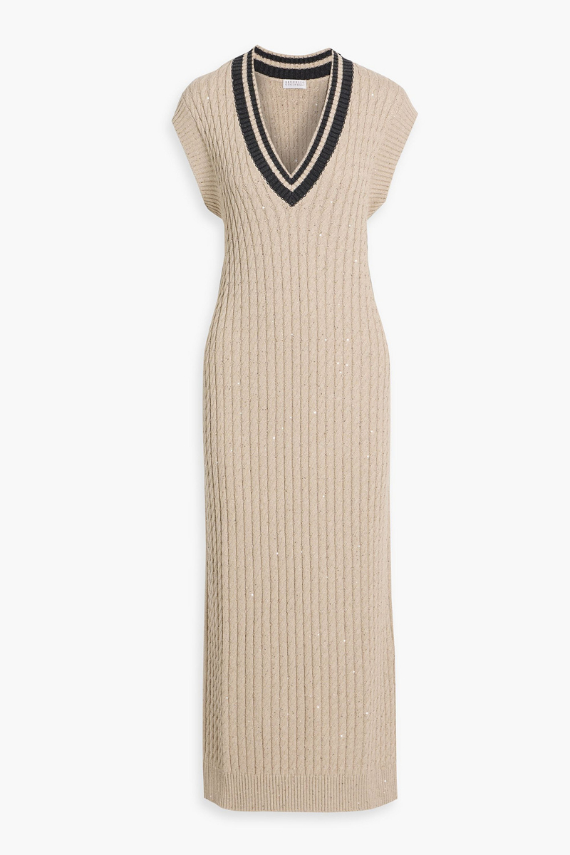 brunello cucinelli - sequin-embellished cable-knit cotton-blend maxi dress - neutral - xl