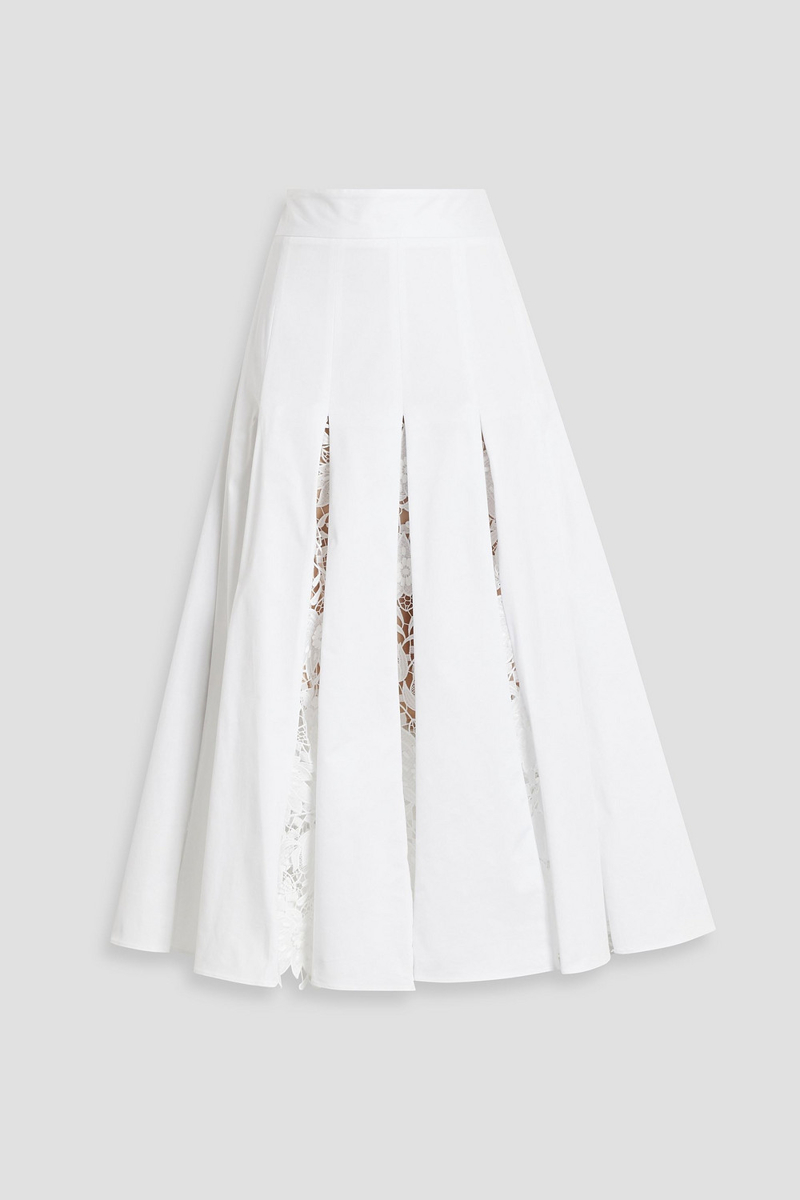 oscar de la renta - pleated guipure lace and cotton-blend poplin midi skirt - white - us 2