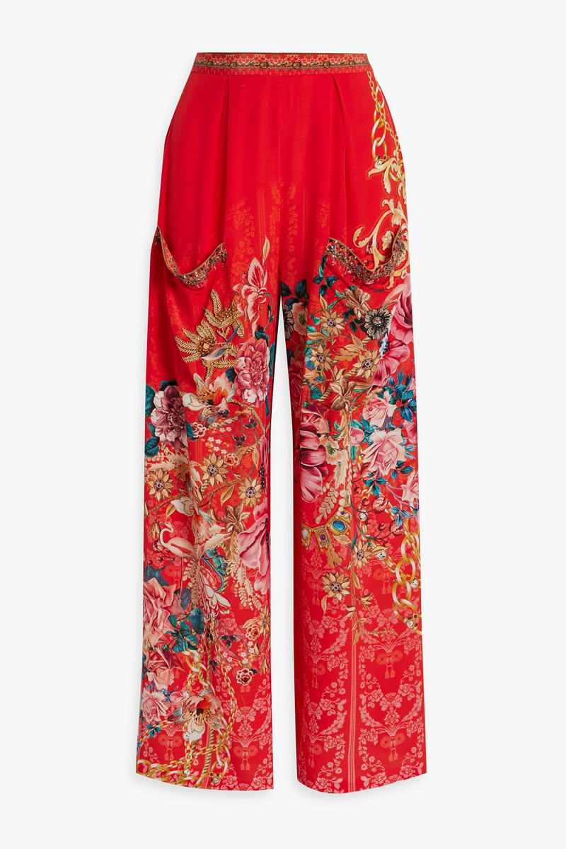Camilla - Crystal-embellished printed silk-chiffon wide-leg pants - Orange - L