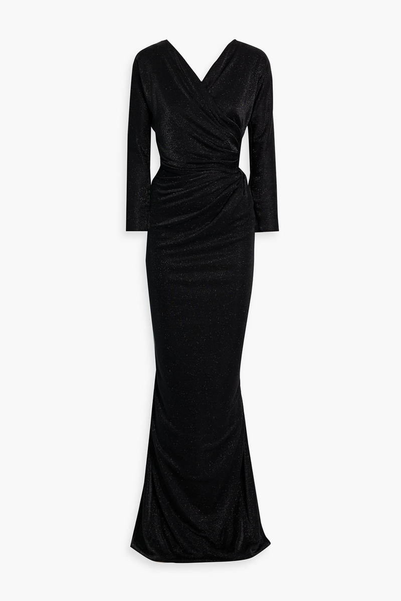 Rhea Costa - Wrap-effect glittered jersey gown - Black - IT 40