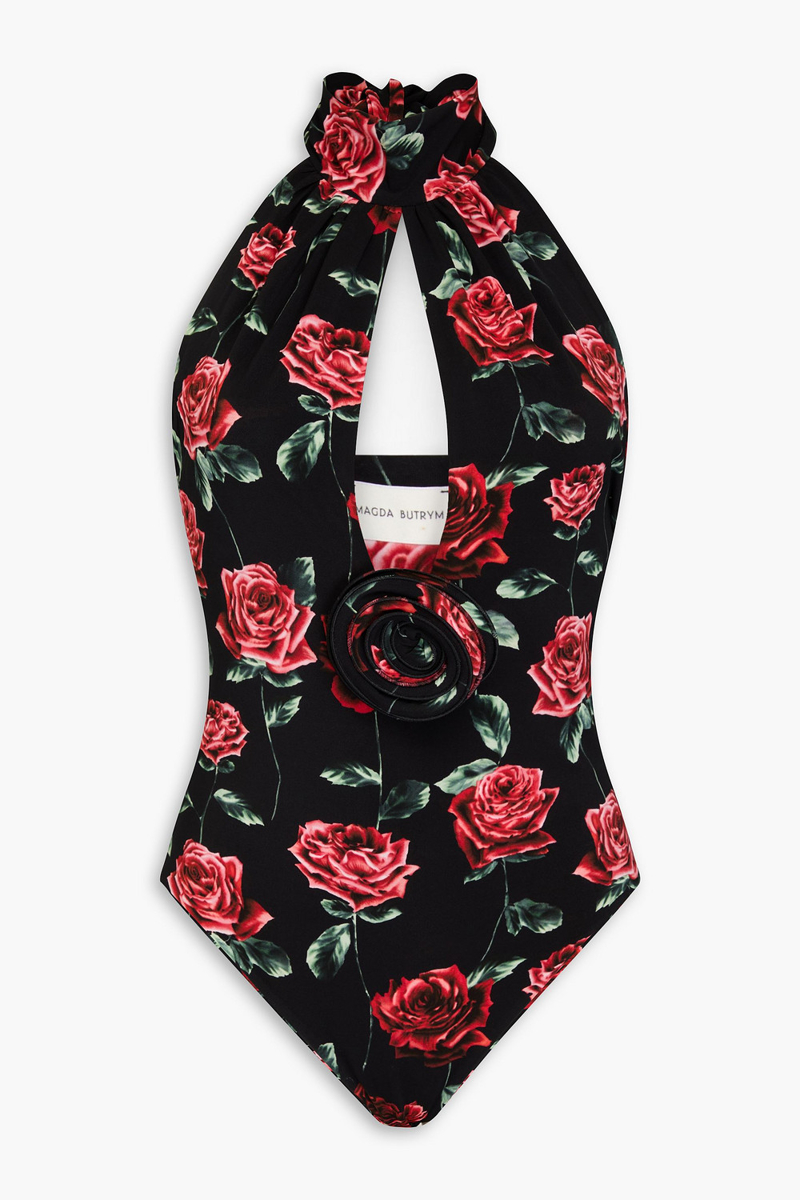 magda butrym - cutout floral-print jersey halterneck bodysuit - black - fr 34
