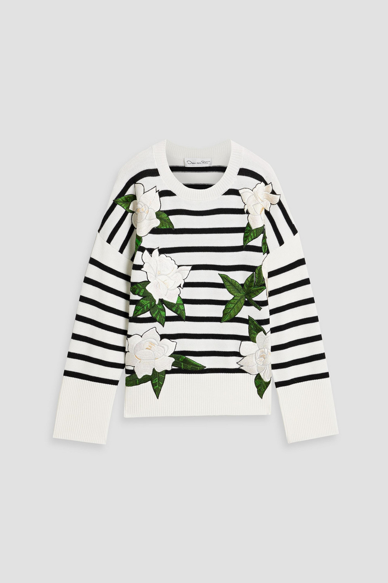 oscar de la renta - floral-appliquéd striped wool sweater - white - xl