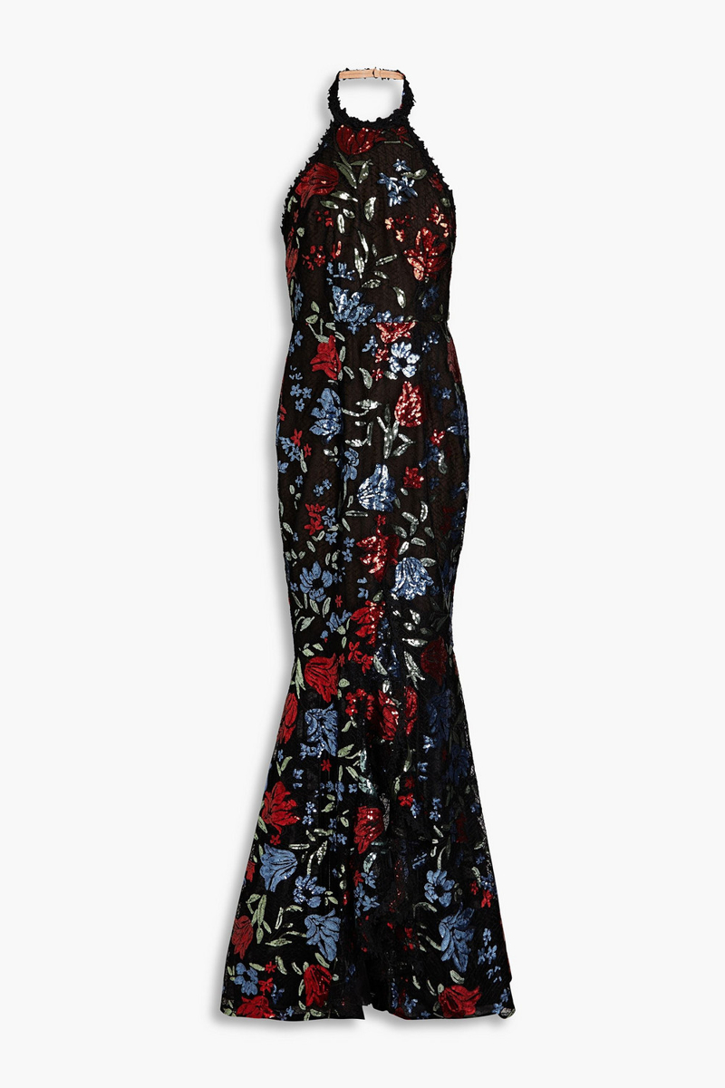 Marchesa Notte - Embellished ruffled tulle halterneck gown - Black - US 4