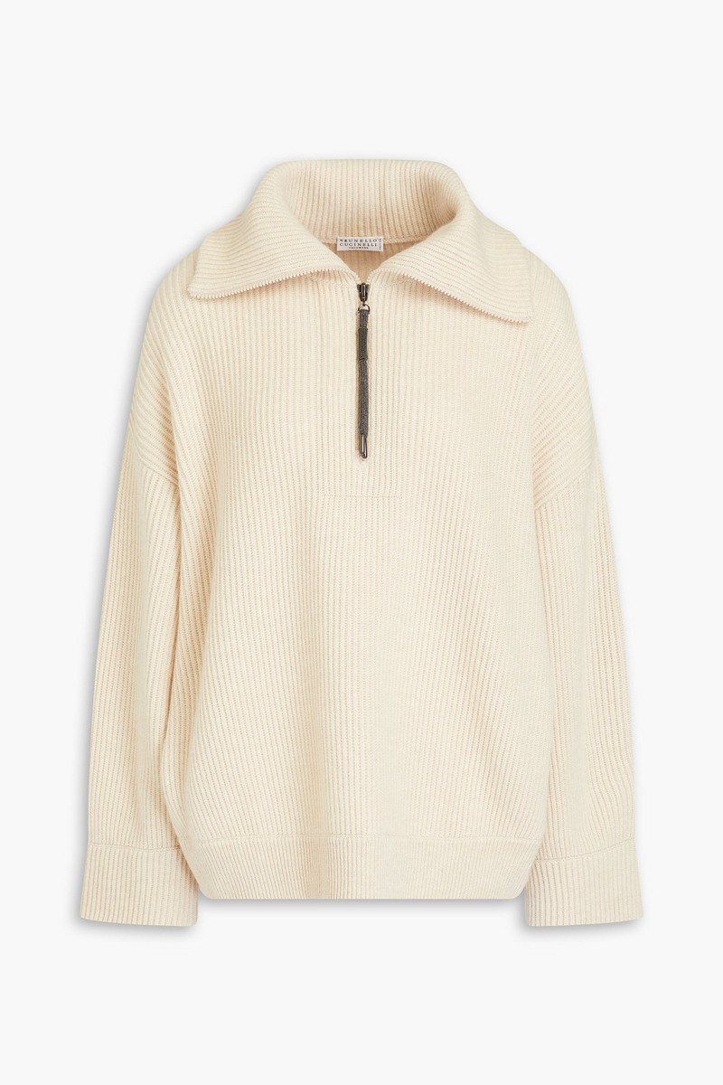 brunello cucinelli - bead-embellished ribbed cashmere half-zip sweater - neutral - xl
