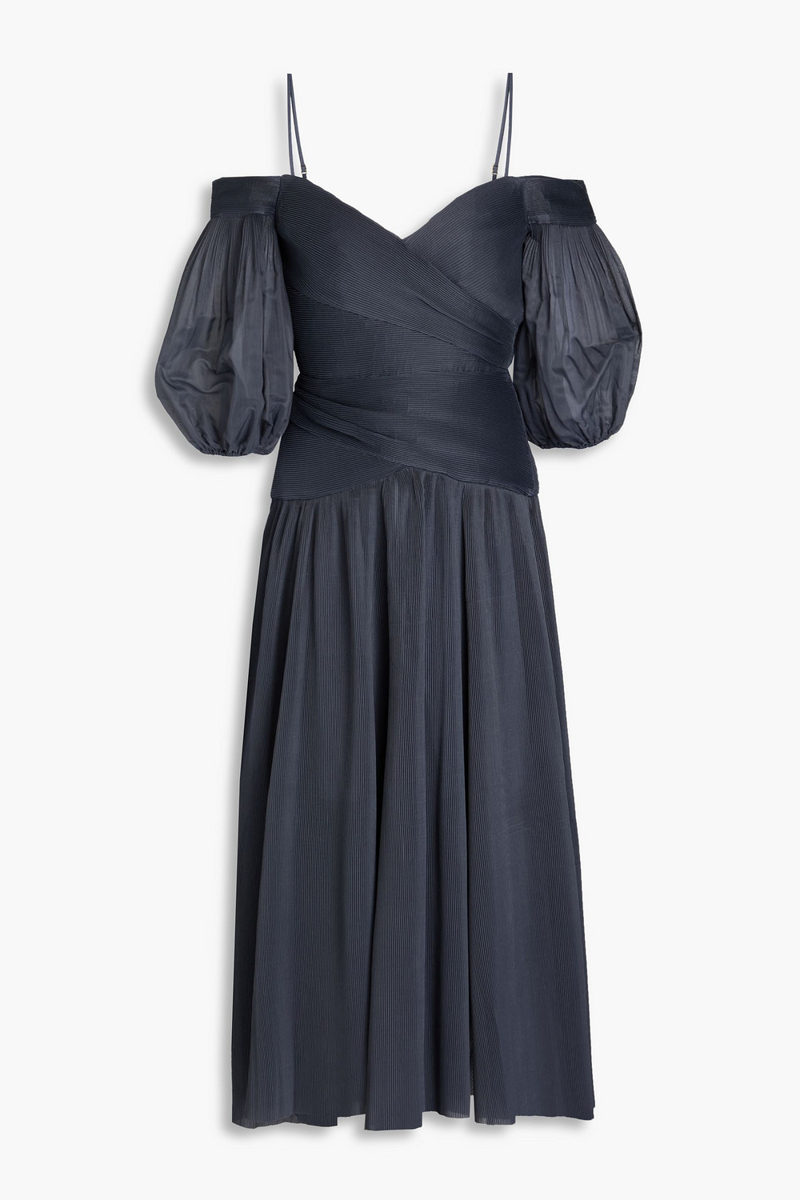 zimmermann - cold-shoulder plissé-organza midi dress - blue - 00