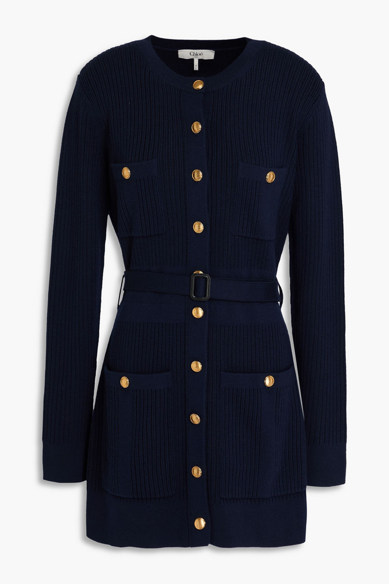 chloé - belted ribbed wool-blend cardigan - blue - m