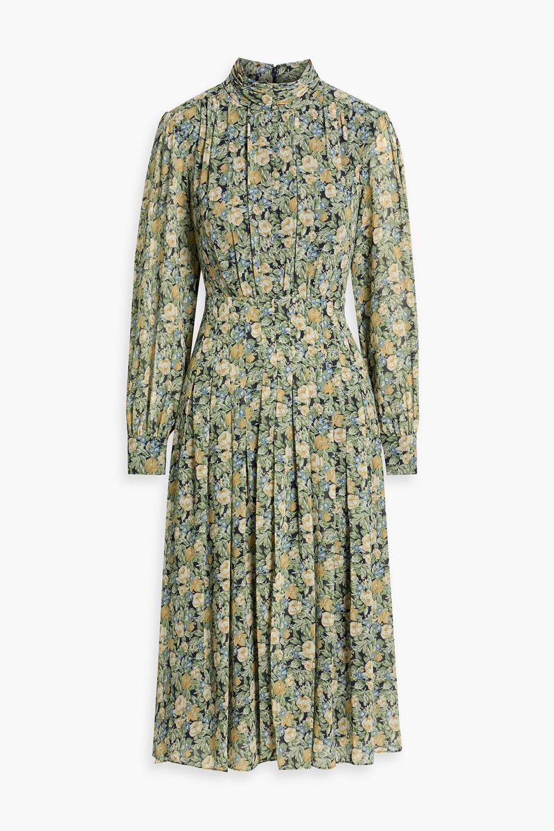 mikael aghal - pleated floral-print crepe midi dress - green - us 2