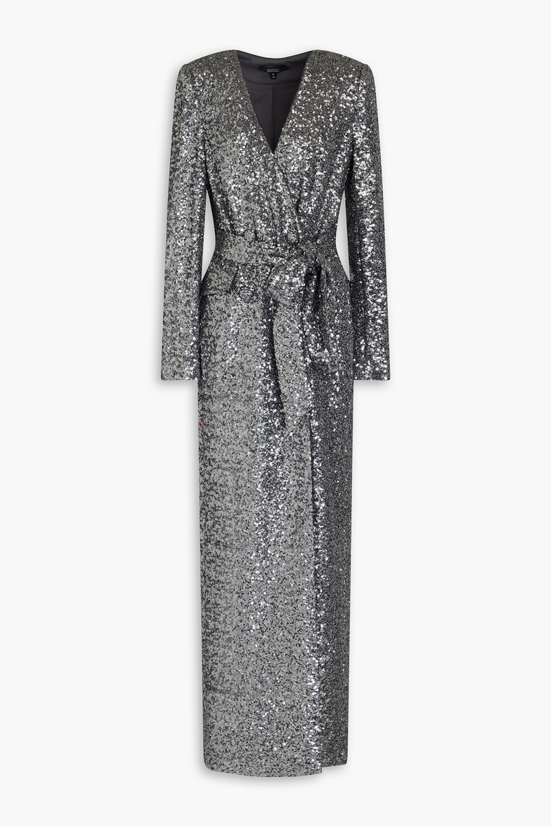 badgley mischka - sequined stretch-tulle gown - metallic - us 2