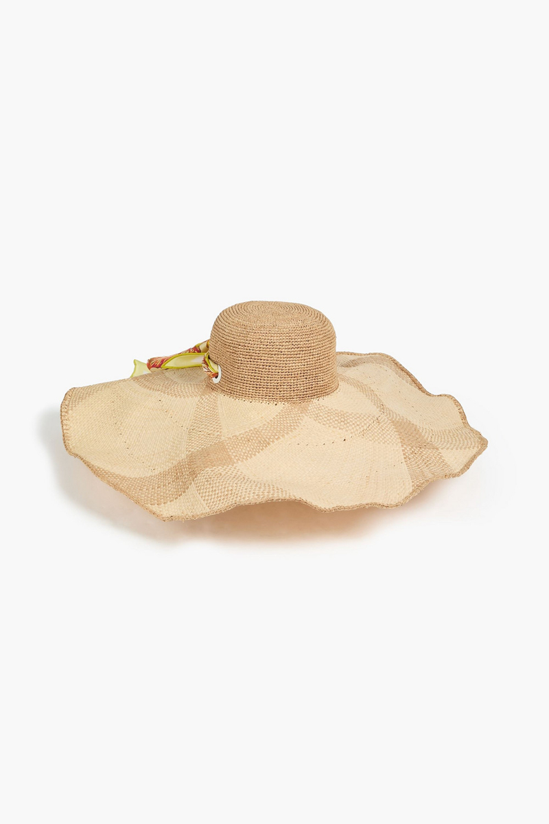 zimmermann - floral-print silk-twill and raffia sun hat - neutral - m