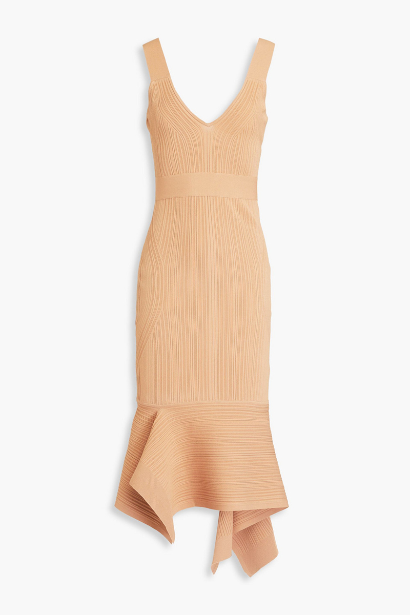 Hervé Léger - Asymmetric ribbed-knit midi dress - Neutral - XL
