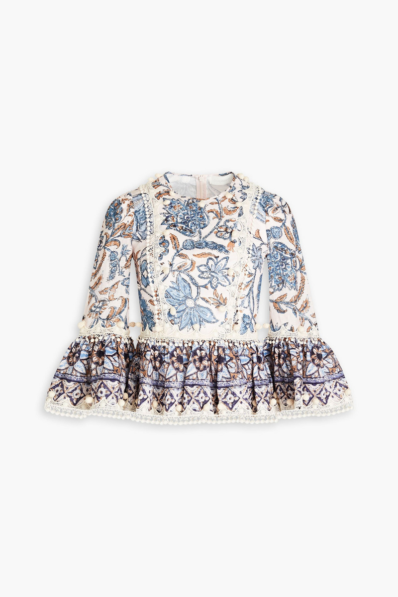 Zimmermann - Pompom-embellished floral-print linen peplum top - Pink - 00