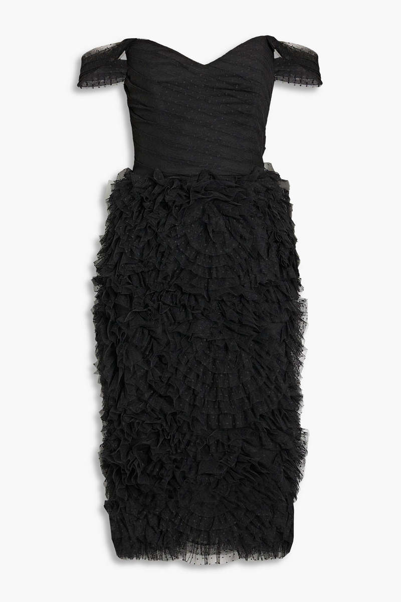 Marchesa Notte - Off-the-shoulder ruffled Swiss-dot tulle midi dress - Black - US 4