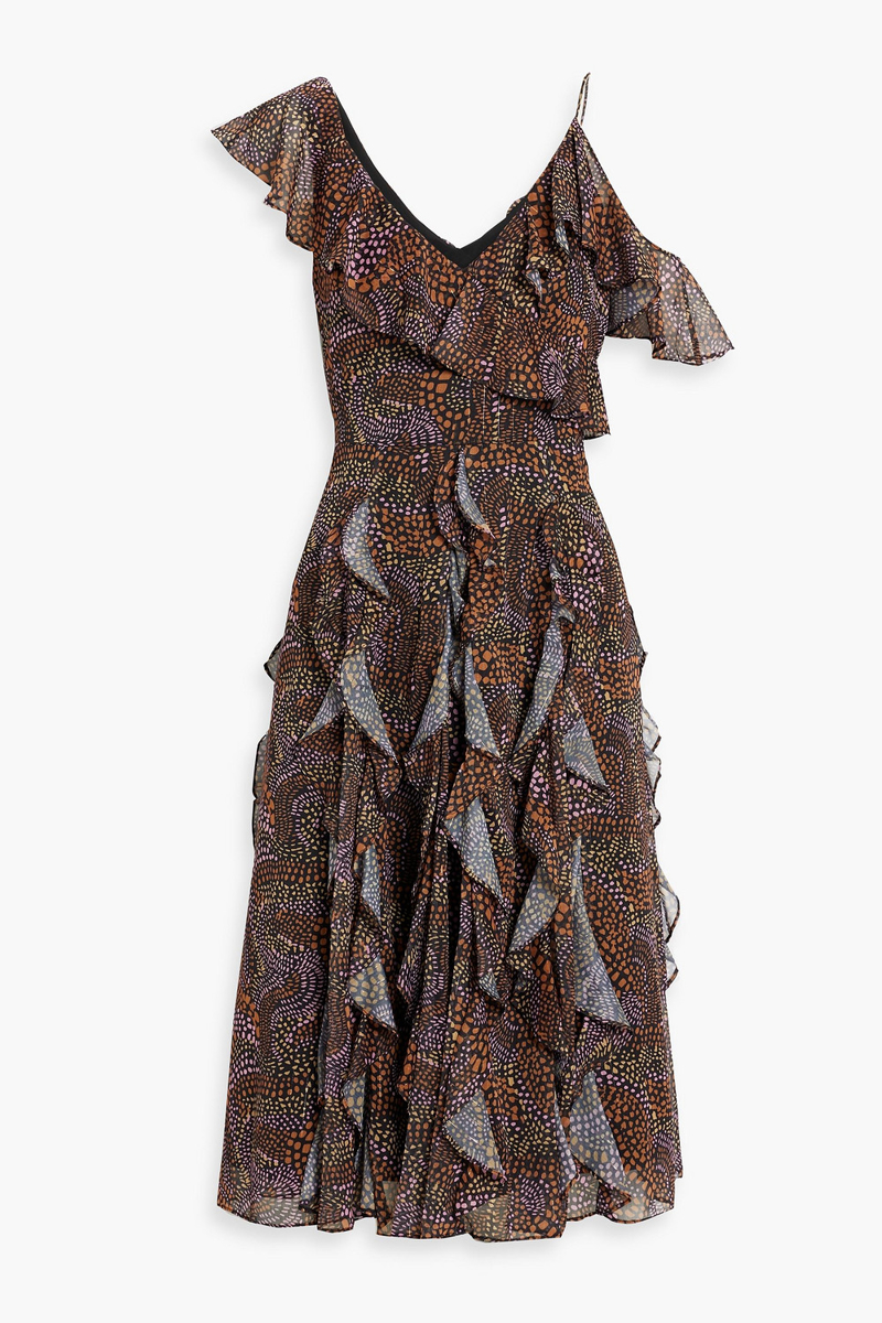Mikael Aghal - Ruffled metallic printed crepe de chine midi dress - Orange - US 12